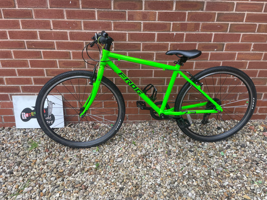 A Pre Loved Frog Bike For Sale, Green Frog 73 Hybrid Bike, 26” wheels, 8 speed, V brakes, very lightweight, 3 month warranty, nationwide delivery is available.