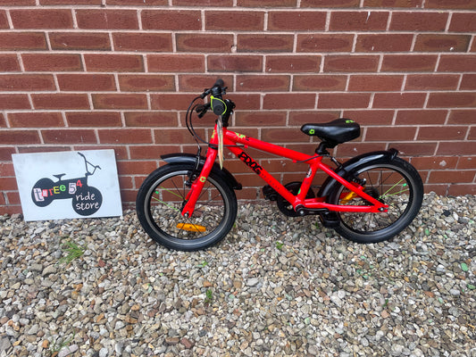 A Pre Loved Frog Bike For Sale, Red Frog 48 first pedal bike, 16” wheels, V brakes, mudguards, padded seat, very lightweight, 3 month warranty, nationwide delivery is available.