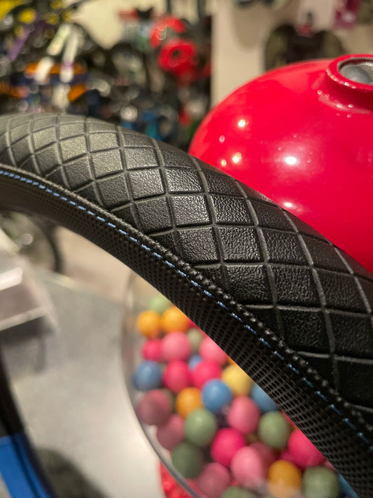 Bicycle Tyre Steering Wheel cover for Car / Van / Camper etc with blue detailing and stitching