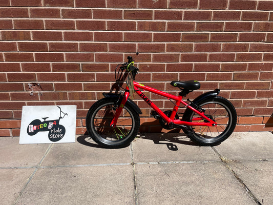 A Pre Loved Frog Bike For Sale, Red Frog 48 first pedal bike, 16” wheels, V brakes, mudguards, very lightweight, 3 months warranty, nationwide delivery is available.