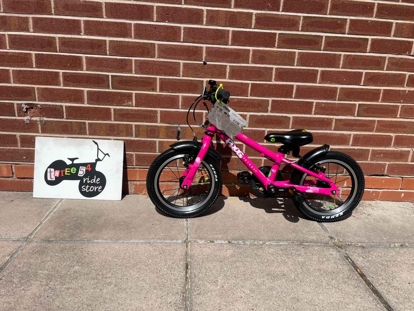 A Pre Loved Frog Bike For Sale, Pink Frog 40 first pedal bike, 14” wheels, V brakes, padded seat, very lightweight, nationwide delivery is available.