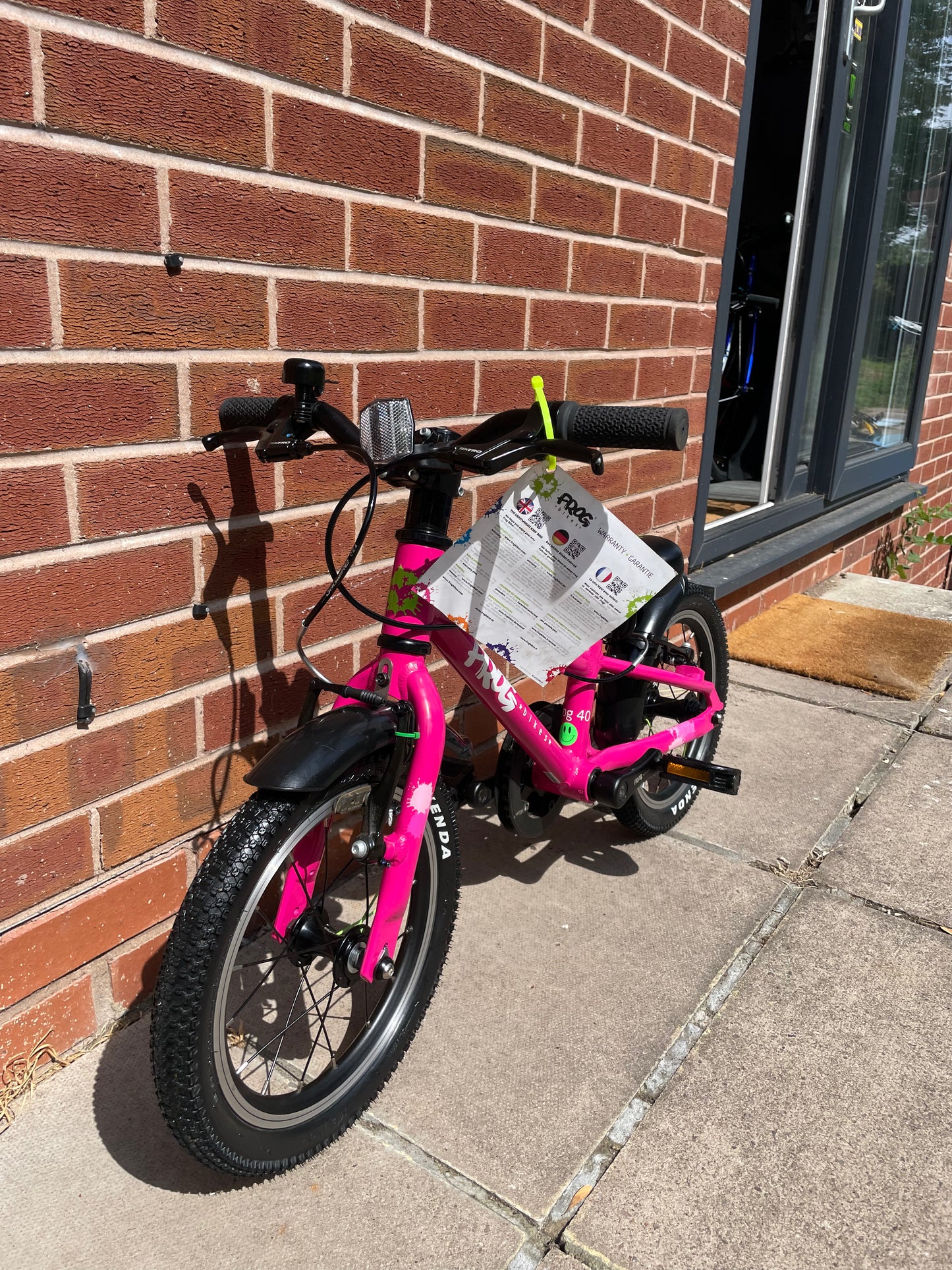 A Pre Loved Frog Bike For Sale, Pink Frog 40 first pedal bike, 14” wheels, V brakes, padded seat, very lightweight, nationwide delivery is available.