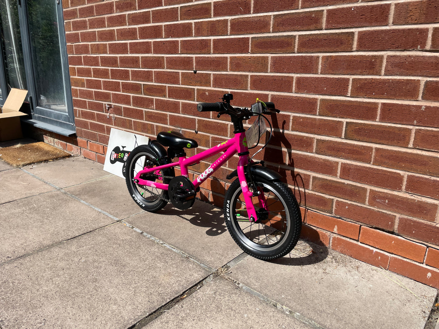 A Pre Loved Frog Bike For Sale, Pink Frog 40 first pedal bike, 14” wheels, V brakes, padded seat, very lightweight, nationwide delivery is available.