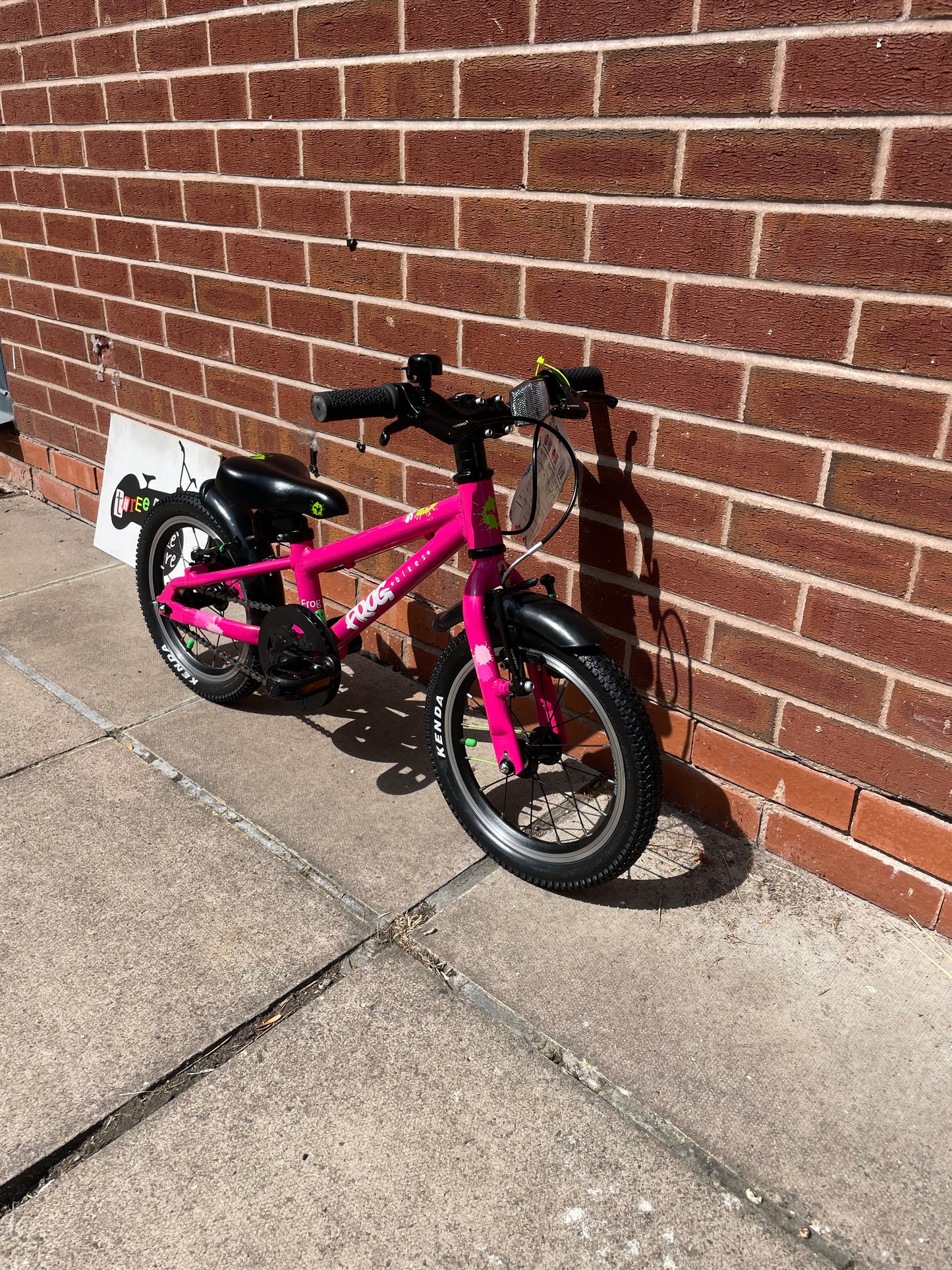 A Pre Loved Frog Bike For Sale, Pink Frog 40 first pedal bike, 14” wheels, V brakes, padded seat, very lightweight, nationwide delivery is available.