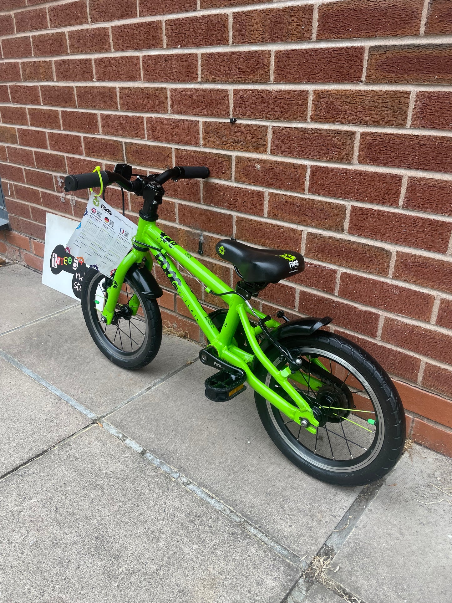 A Pre Loved Frog Bike For Sale, Green Frog 43 First Pedal Bike 40 38 14” wheels, padded seat, V brakes, fully serviced, nationwide delivery is available.