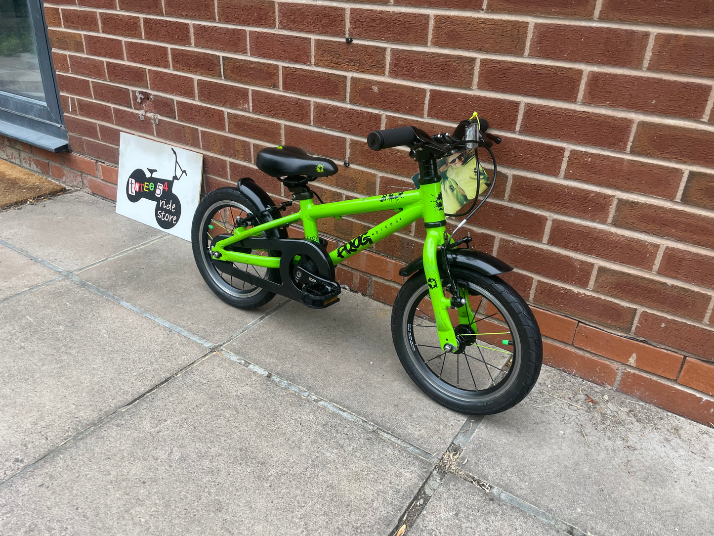 A Pre Loved Frog Bike For Sale, Green Frog 43 First Pedal Bike 40 38 14” wheels, padded seat, V brakes, fully serviced, nationwide delivery is available.