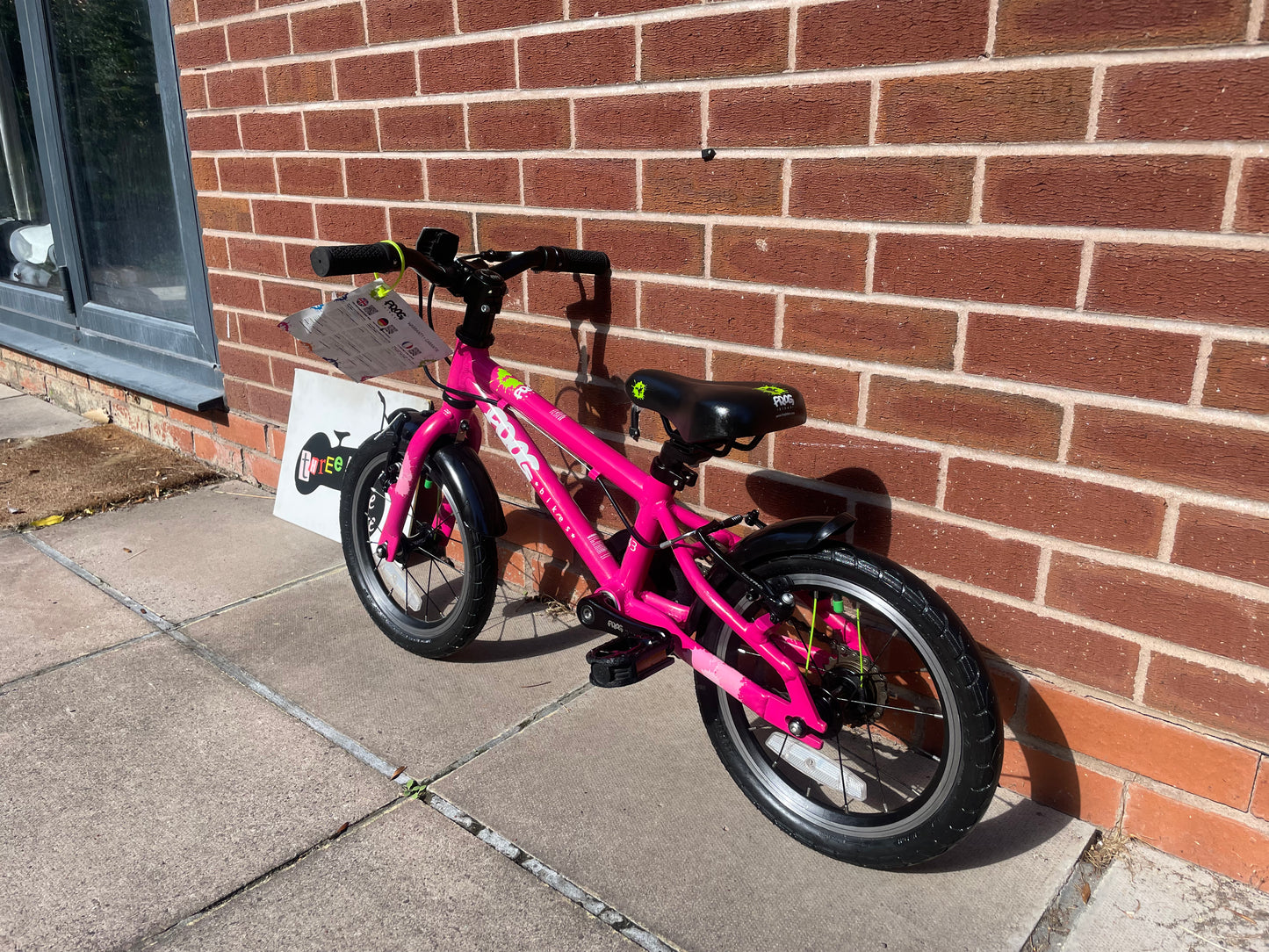 A Pre Loved Frog Bike For Sale, Pink Frog 43 first pedal bike, 14” wheels lightweight children’s bicycle, V brakes, padded seat, can be used as a balance bike, excellent condition, nationwide delivery is available.