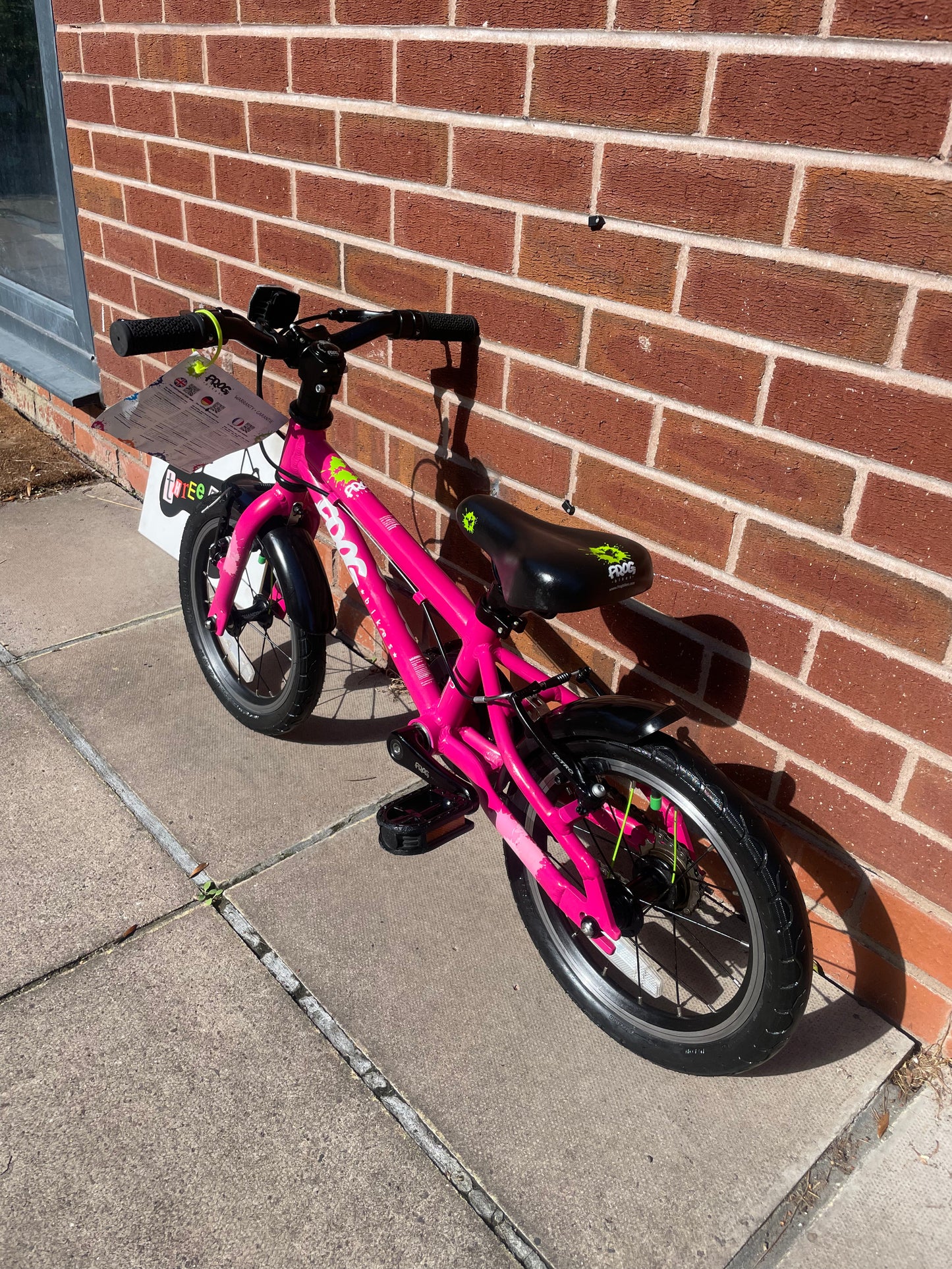 A Pre Loved Frog Bike For Sale, Pink Frog 43 first pedal bike, 14” wheels lightweight children’s bicycle, V brakes, padded seat, can be used as a balance bike, excellent condition, nationwide delivery is available.