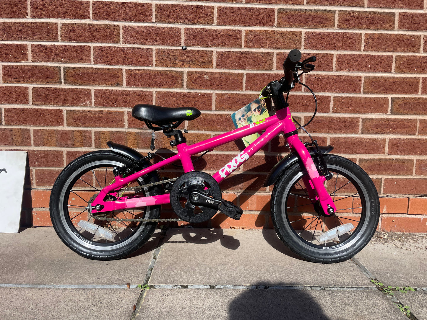 A Pre Loved Frog Bike For Sale, Pink Frog 43 first pedal bike, 14” wheels lightweight children’s bicycle, V brakes, padded seat, can be used as a balance bike, excellent condition, nationwide delivery is available.