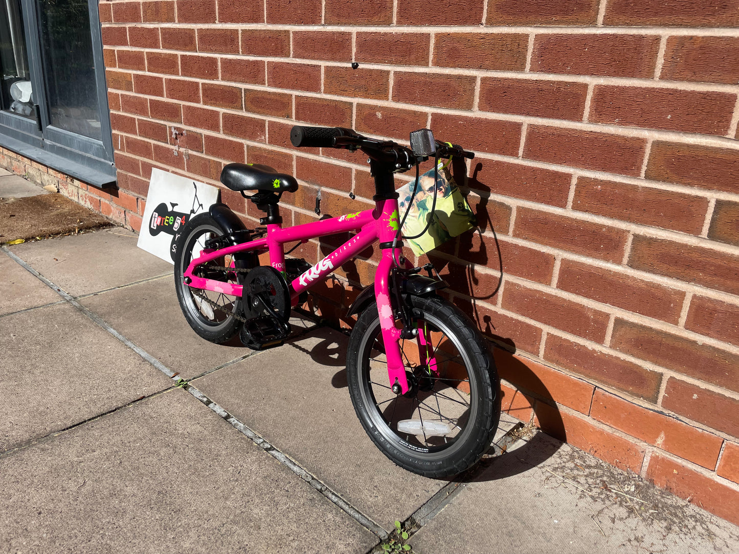 A Pre Loved Frog Bike For Sale, Pink Frog 43 first pedal bike, 14” wheels lightweight children’s bicycle, V brakes, padded seat, can be used as a balance bike, excellent condition, nationwide delivery is available.