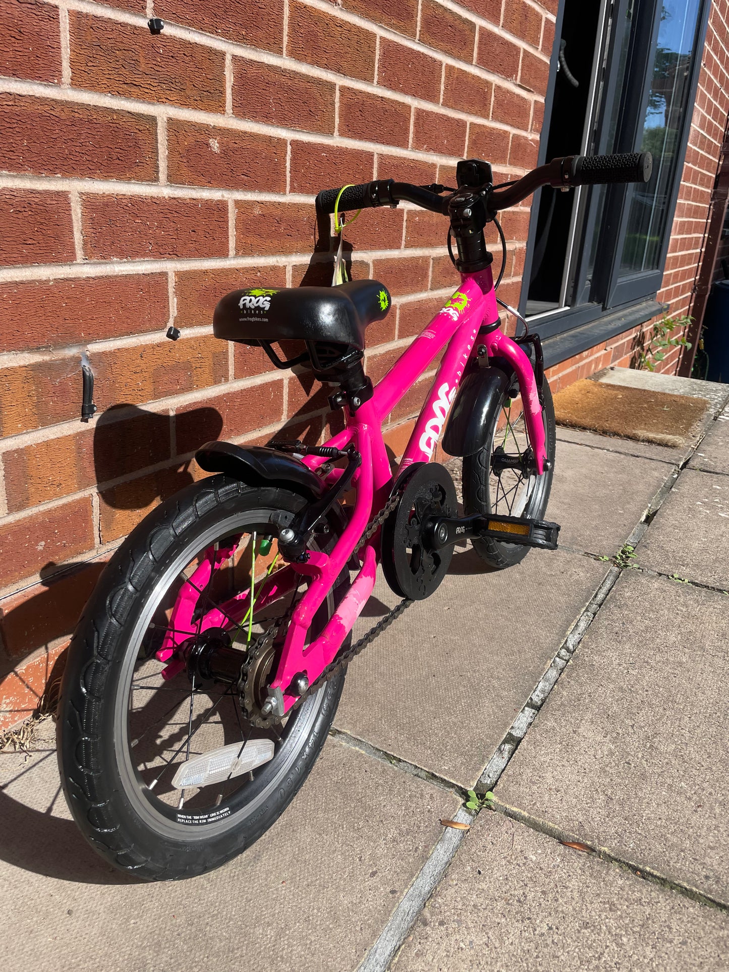 A Pre Loved Frog Bike For Sale, Pink Frog 43 first pedal bike, 14” wheels lightweight children’s bicycle, V brakes, padded seat, can be used as a balance bike, excellent condition, nationwide delivery is available.
