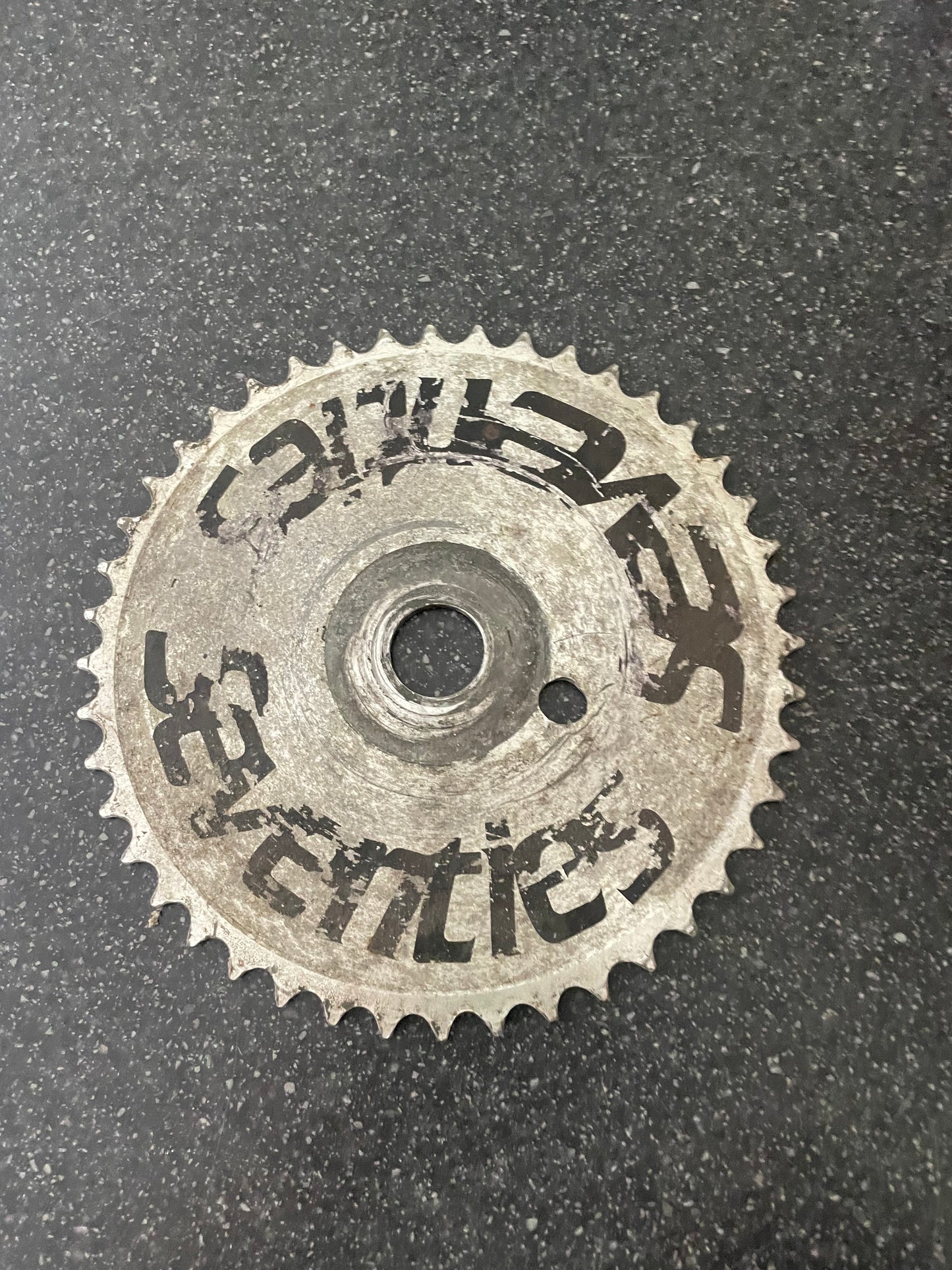 Seventies brand 44T BMX chainring, midschool 1990s / 2000s era Seventies distribution product, very rare part.