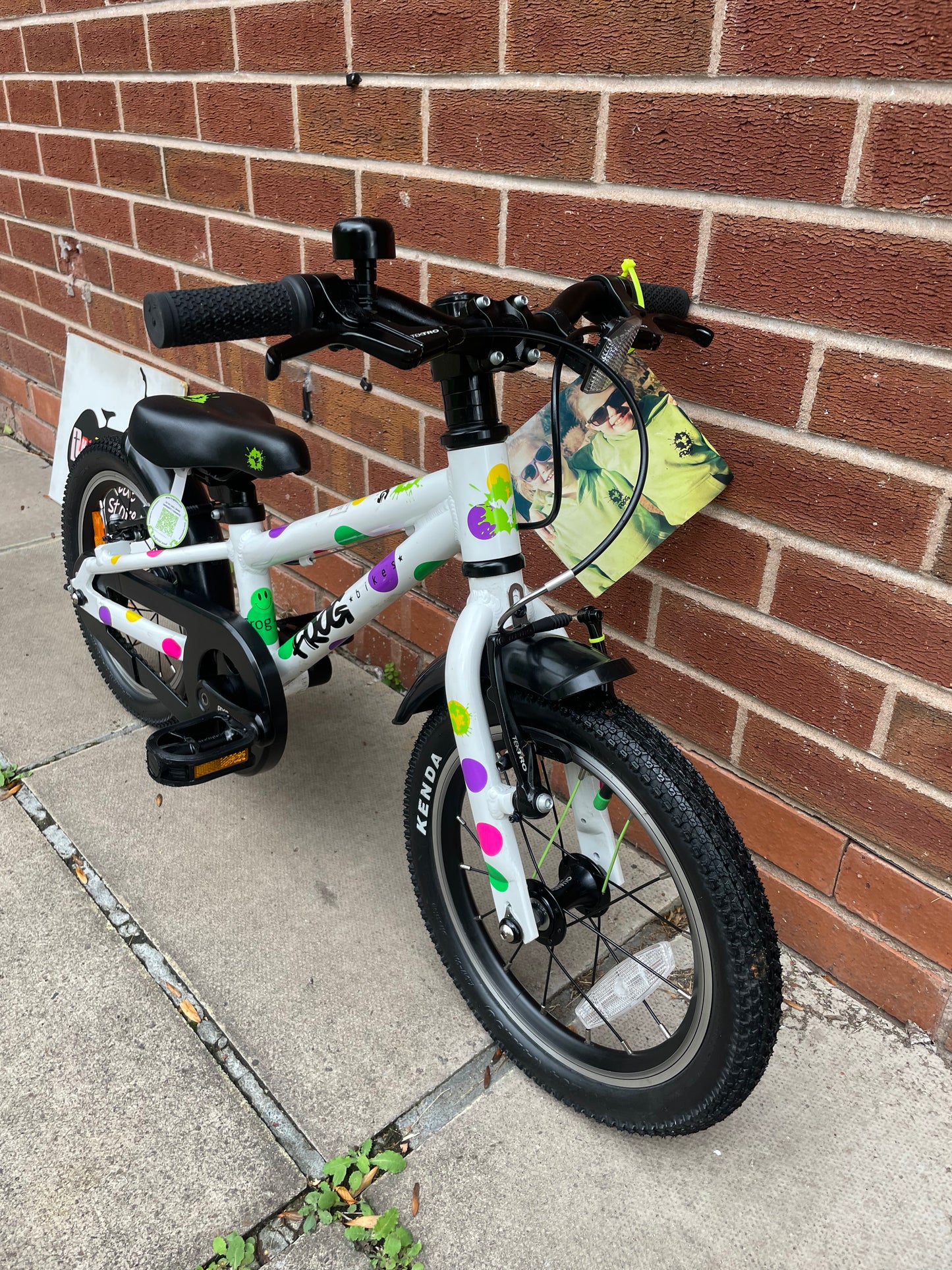 A Pre Loved Frog Bike For Sale, White Spotty Frog 40 first pedal bike, 14” wheels, single speed, padded seat, V brakes, fully enclosed chain, mudguards, nationwide delivery is available.