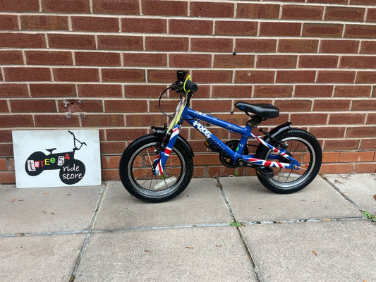 A Pre Loved Frog Bike For Sale Blue Frog 43, 14” wheels, V brakes, mudguards, very lightweight, nationwide delivery is available.