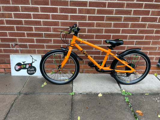 A Pre Loved Frog Bike For Sale, Orange Frog 55, 20” wheels, 8 speed, V brakes, mudguards, very lightweight, nationwide delivery is available.