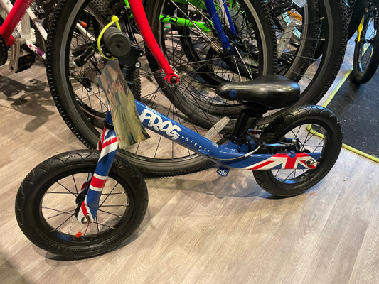 A Pre Loved Frog Bike For Sale, Blue Frog Tadpole Balance Bike, very lightweight, rear V brake, padded seat, excellent condition, nationwide delivery is available.