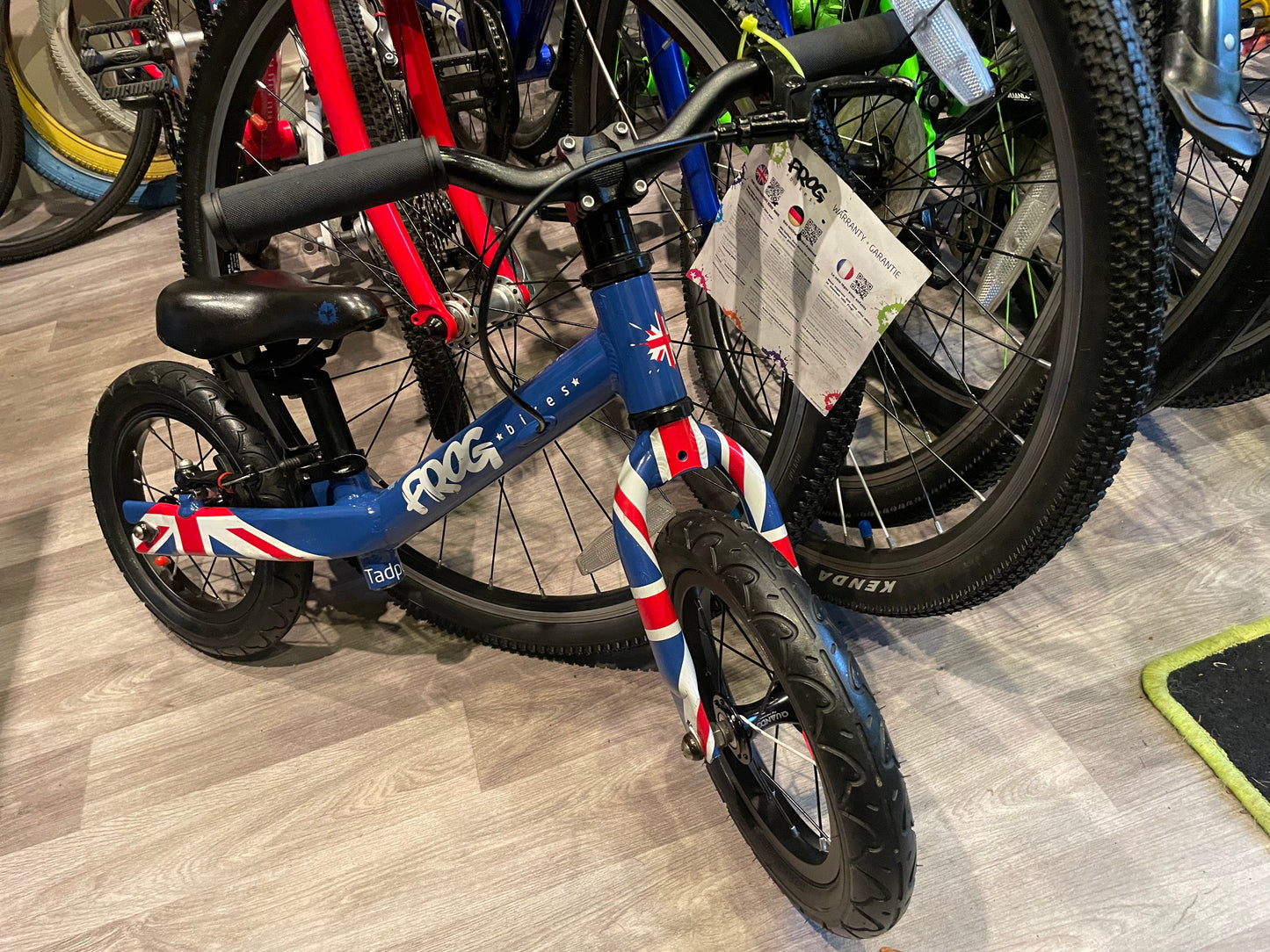 A Pre Loved Frog Bike For Sale, Blue Frog Tadpole Balance Bike, very lightweight, rear V brake, padded seat, excellent condition, nationwide delivery is available.