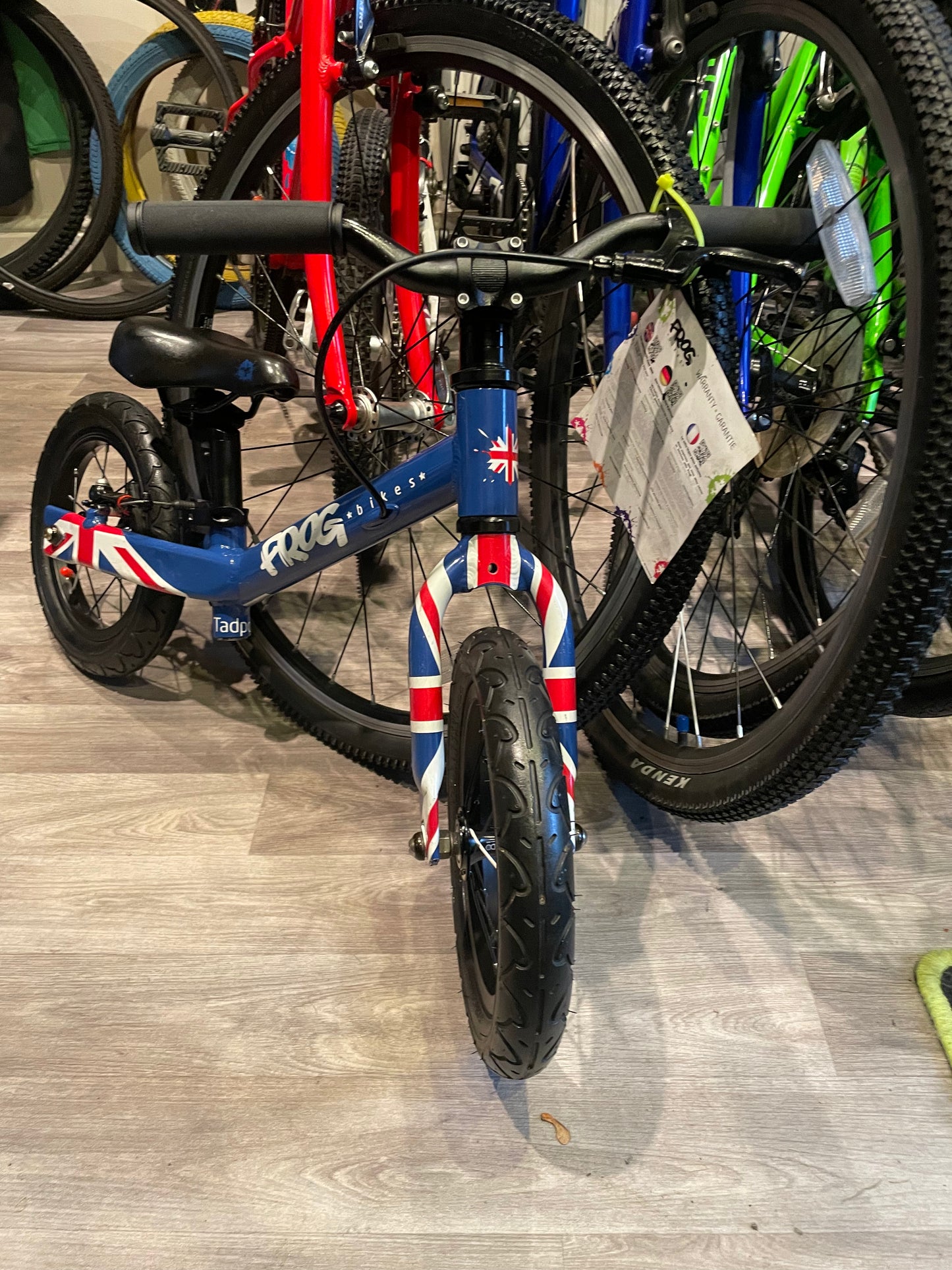 A Pre Loved Frog Bike For Sale, Blue Frog Tadpole Balance Bike, very lightweight, rear V brake, padded seat, excellent condition, nationwide delivery is available.