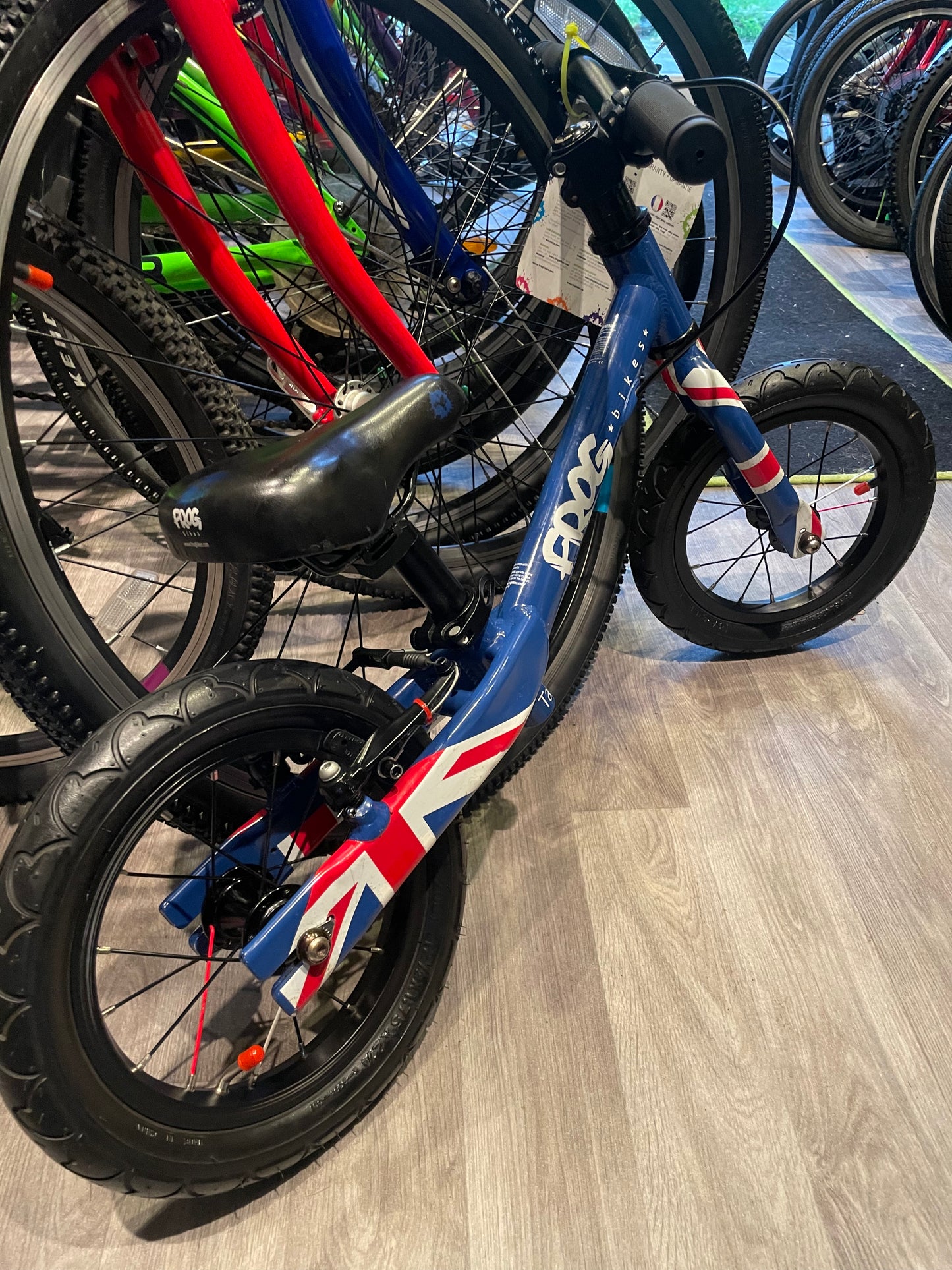 A Pre Loved Frog Bike For Sale, Blue Frog Tadpole Balance Bike, very lightweight, rear V brake, padded seat, excellent condition, nationwide delivery is available.