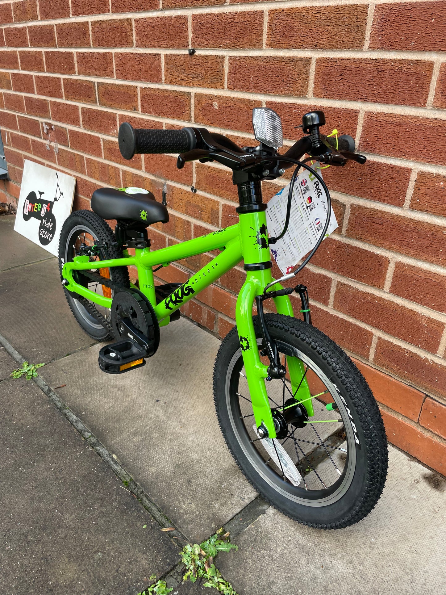 Brand New Frog Bike For Sale, Green Frog 38 First Pedal Bike, 14” wheels, V brakes, very lightweight, nationwide delivery is available.