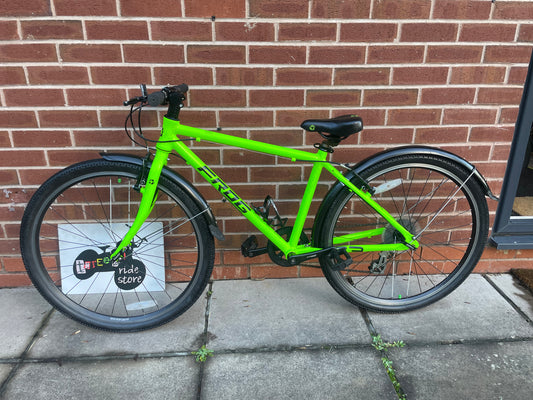 A Pre Loved Frog Bike For Sale, Neon Green Frog 73 26” wheel hybrid bike, 8 speed, V brakes, mudguards, bottle cage, very lightweight, nationwide delivery is available.