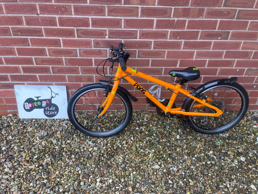 A Pre Loved Frog Bike For Sale, Orange Frog 52, 20” wheels, 8 speed, V brakes, mudguards, bottle cage, very lightweight, nationwide delivery is available.